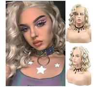 RainaHair 14inch Short Wavy Wig Heat Resistant Side Part Pastel Blonde Lace Front Wigs for Women Bob Fashion New Hairstyle Half Hand Tied Party Drag Queen