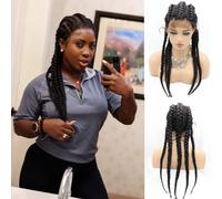 RainaHair Black Braids 5 Box Braided Wig with Baby Hair Synthetic Braided Lace Wig 5 Crochet Braids X Pression Braiding Hair Wigs for Women 30inch(black)