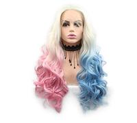RainaHair Middle Part Synthetic Lace Front Wigs Long Body Wave Blonde Ombre Half Pink Half Blue Halloween 24 INCH Cosplay Wigs 24inches DC Heros Cosplay