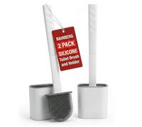Rainberg Silicone Toilet Brush and Holder Set, 2 Pack with Non-Slip Long Handle, Soft Flexible Bristles, Anti-Drip Base, Wall Mounted Toilet Brush for Bathroom Cleaning (White & Grey)