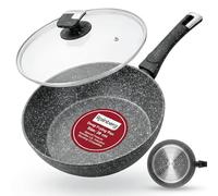 Rainberg 26cm Deep Frying Pan with Lid, Granite Frying Pan Nonstick, Cooking Pan with Lid, Induction Compatible, Scratch Resistant Coating (Black, 26cm)