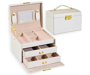 Rainberg 3-Tier Jewellery Box/Organiser with Mirror, High-End PU Leather Lockable Organiser with Handle, Travel Storage, Modern Style, Gift for Loved Ones. (White, 3-Tier)