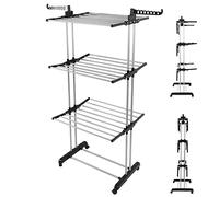Rainberg Airer Clothes Drying Rack, Extra Large 4-Tier Capacity Foldable Clothes Drying Rack with Wheels, Adjustable Large Stainless Steel Garment Laundry Racks for Indoor Outdoor with Foldable Wings