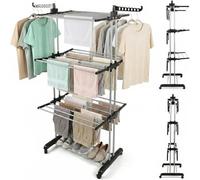 Rainberg Clothes Drying Rack, Extra Large 4-Tier Capacity Foldable Clothes Airer with Wheels, Adjustable Large Stainless Steel Garment Laundry Racks for Indoor Outdoor with Foldable Wings