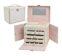 Rainberg® Large Jewellery Organiser Box|PU White Leather 5 Tier with Adjustable Storage Sections for Vintage Jewelry