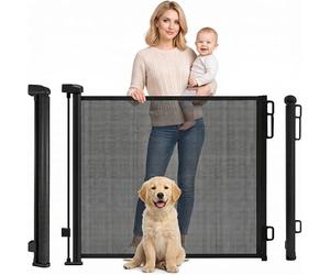 Rainberg Retractable Stair Gate for Baby & Pet with Secure 2-Step Lock 150cm Wide & 80cm Tall, One Hand Operated Baby Gate, Child Safety Gate for Doorways Stairs, Hallways, Kitchen (Black)