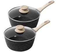 Rainberg Saucepan with Lid, Nonstick Milk Pan Suitable with Induction, Gas and Electric Hobs, Cooking Pot with Pour Spout. (Black, 2PK 16 & 18cm)