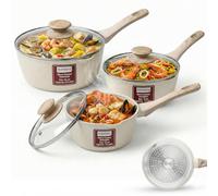 Rainberg Saucepan with Lid, Nonstick Milk Pan Suitable with Induction, Gas and Electric Hobs, Cooking Pot with Pour Spout. (Beige, 3PK 16-18 & 20cm)