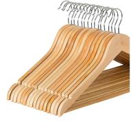 Rainberg Slim Wooden Hangers 60 Pack with Natural Wood Finish, Non-Slip Trouser Bar, 360° Rotating Hook & Shoulder Notches, Extra Smooth Durable Wardrobe Closet Clothes Hangers for Organisation