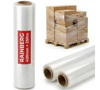 Rainberg Strong Heavy-Duty Stretch Film for Pallet Wrapping, Packaging, and Moving for Furniture, Luggage, and Parcels, Water & Moisture Proof Pallet Stretch Shrink Wrap rolls 400mm x 250m (Clear, 2)