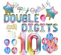 Rainbow 10th Birthday Decorations for Girls Double Digits Decorations Iridescent Happy Birthday Banner Cake Topper Pastel Number 10 Star Rainbow Gradient Balloons for 10 Year Old BRD Party