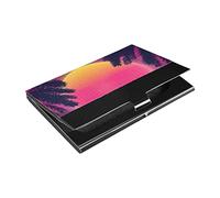 Rainbow 3D Sunset on The Beach Retro Palms 80s in Purple Turquoise Business Card Holder Leather, Slim Credit Card Case Stainless Steel Wallet for Women and Men Unisex Business Card Holder
