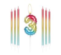 Rainbow 3rd Birthday Candles, Colorful Number 3 Cake Toppers, Red Gold Blue Long Candles for Boys Girls Men Women Party Decor Wedding Anniversary