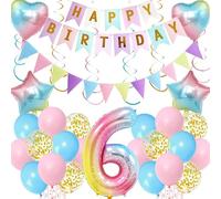 Rainbow 6th Birthday Girl Party Supplies - 60 Pieces Gradient Decorations With Happy Birthday Banner, Giant Number 6 Foil Balloon and Hanging Swirls for Year Old Themed Celebration