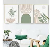 Rainbow Arch Poster Set - 3 Framed 70x100cm Canvas Prints with Green Lines & Natural Leaves Art for Living Room & Bedroom Decor