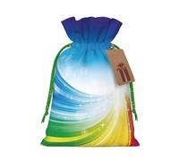 Rainbow background Printed Christmas Drawstring Bags with Green Christmas Ribbon - Reusable Burlap Drawstring Gift Pouches, M