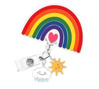 Rainbow Badge Reel for Work ID Cards, Retractable Name Badge Holder Clip with 24 Inch Pull Cord, Heart Center and Sun Cloud Charms, 1 Piece Employee Clip Campus Pass Holder Staff Pull Decorative Heart