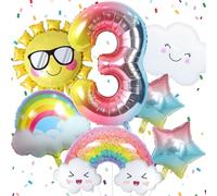 Rainbow Balloons 3rd Birthday Decorations for Girls, 40 Inch Number 3 Rainbow Foil Balloons Set with Sun Gradient Stars for 3rd Birthday Party Baby Shower Colorful