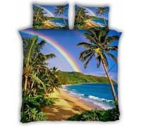Rainbow Beach Single Duvet Cover Set Palm Trees Bedding Set 3D Print Soft Microfiber Quilt Covers 155x200 cm with Zipper Closure and 2 Pillowcases 50x75 cm for Teens L.4538
