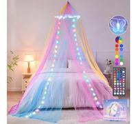Rainbow Bed Canopy with Lights for Girls Bedroom, 34 Colors Canopy Bed Curtains with Color Changing Butterflies Lights Princess Canopy Remote Timer for Kids Tent Twin Full Queen King Size Bed