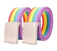 Rainbow Belt Men Women Cut To Fit Canvas Web Belts Plus Size Up to 170cm with Flip-Top Silver Military Buckle, 2 Pack