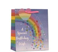 Rainbow Birthday Gift Bag, 'A Special Birthday Wish', Holographic Hearts, Pink Ribbon Handle