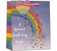 Rainbow Birthday Gift Bag, 'A Special Birthday Wish', Holographic Hearts, Pink Ribbon Handle