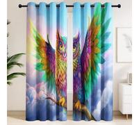 Rainbow Blackout Curtains Eyelet with Animal Owl Clouds Pattern, Darkening Drapes for Wizard Theme Study, Magical Window Treatment with Grommets, W 90" x L 108" 2 Panels