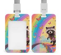 Rainbow Bridge Raccoon ID Badge Holder with Lanyard Vertical Badge Reel Clip Durable Clear Window Name Tag ABS Plastic Push-Pull Design ID Card Holder for Office, Nurses, Employees