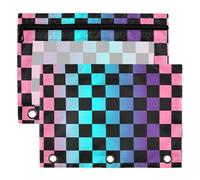 Rainbow Buffalo Plaid Binder Pouches 3 Ring for Boys Girls School Office College Supplies Purple Chessboard Pink Aqua Pencil Pouches Case Bag with Clear Window and Zipper 2 Pack