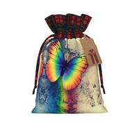 Rainbow Butterfly Christmas Drawstring Linen Gift Bag Paired With Scottish Plaid Fabric, With A Delicate And Simple Texture