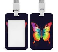 Rainbow Butterfly Id Badge Holder with Lanyard, Clear Vertical Card Protector Waterproof, Breakaway Safety Neck Strap, Heavy Duty Name Tag Holder for Nurse Teacher Officer Staff Women Men