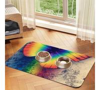 Rainbow Butterfly Patterned Pet Feeding Mat with Water-Absorbing PU Top & Rubber Base - Anti-Slip Dog Cat Food Mat for Cats, Dogs & Pets, 30x45cm