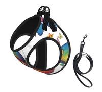 Rainbow Butterfly Print Adjustable Reflective Harness Leash Set For Cats, Dogs And Small Pets, Soft Breathable Mesh Walking Vest With Escape-Proof Lead
