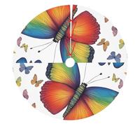 Rainbow Butterfly Print Christmas Tree Skirt 48 Inch Xmas Tree Skirts Mat with Design for Merry Holiday Party Decorations Indoor