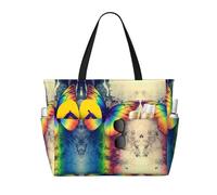 Rainbow Butterfly Print Large Waterproof Beach Tote Bag for Women with Zip and Pockets Foldable Handbag for Travel Pool Shopping Holiday Gym