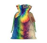 Rainbow Butterfly Printed Christmas Drawstring Bags with Green Ribbon - Reusable Burlap Drawstring Gift Pouches, S