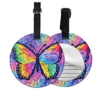 Rainbow Butterfly Round Luggage Tag 4PCS Colorful PU Leather Travel Bag Tag ID Labels Name Card Holder wtih Buckle for Luggage Suitcase Backpacks