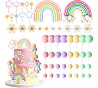 Rainbow Cake Topper Boho Daisy Macaroon Balls Cake Decorations Pastel Flower Cake Toppers Party Supplies Colorful Cupcake Decor for Girls Birthday Bohemian Hippie Wedding Party