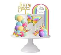 Rainbow Cake Topper Deorations,Colorful Butterflies Balls with Happy Birthday Acrylic Cake Toppers,Boho Themed Party Supplies Cake Insert Decoration for Birthday Wedding Baby Shower Party(Coloured)