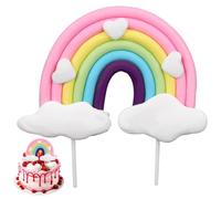 Rainbow Cake Topper, Hearts and Clouds Pastel Rainbow Cupcake Toppers Colorful Soft Pottery Birthday Dessert Decoration for Boys Girls Birthday Wedding Celebration Party