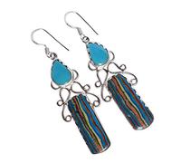 Rainbow Calsilica & Turquoise Earrings 25x10mm Rectangle & 10x8mm Pear Cabochon 925 Sterling Silver Dangle Earrings Multi Color Boho Jewelry Gift for Her