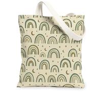 Rainbow Canvas Tote Bag for Women, Bohemian Fanciful Moon Stars Spring Green Washable Reusable Aesthetic Tote Bag Ideas for Family Friends Colleagues Reading Loves 13x15 Inch