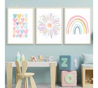 Rainbow Canvas Wall Art Set of 3 Nursery Colorful Boho Sun Wall Decor Painting Kids Heart Picture Posters Bedroom Baby Girls Toddler Pastel Wall Decor Prints Baby Room Bedroom Dorm Decor No Framed
