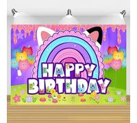 Rainbow Cat Balloon Happy Birthday Backdrop 5x3FT, Pastel Kitty Themed Birthday Banner, Cartoon Garden Photo Booth Background for Girls Kids Birthday Party Supplies