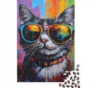 Rainbow Cat Jigsaw Puzzles 1000 Piece Recycled Paper Cool SunglassesPuzzle for Adults Jigsaw Puzzle Impossible Hard Home Activity Celebration Gifts 70x50cm/1000pcs