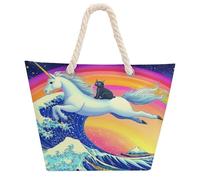 Rainbow Cat Riding U-nicorn Ocean Wave Japanese Tote Bags for Women Men Shoulder Beach Bag Shopping Handbag with Hemprope Handle