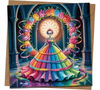Rainbow Catrina Greeting Card 145mm x 145mm with Kraft Envelope - Day of the Dead Skeleton Lady in Floral Arch - Colorful Celebration, Birthday, Fiesta - Blank Inside