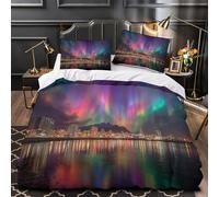 Rainbow City Duvet Cover Set 3 Piece Bedding Set 3D Print Soft Microfibre Polyester Cover with Pillowcases,Northern Lights in The Sky Quilt Cover Super King（260x220cm）