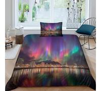 Rainbow City Printed Duvet Cover Set 3 Piece Microfiber Quilt Cover 3D Northern Lights in The Sky Patterned Easy Care Bedding Set - Shrink & Fade Resistant Single（135x200cm）